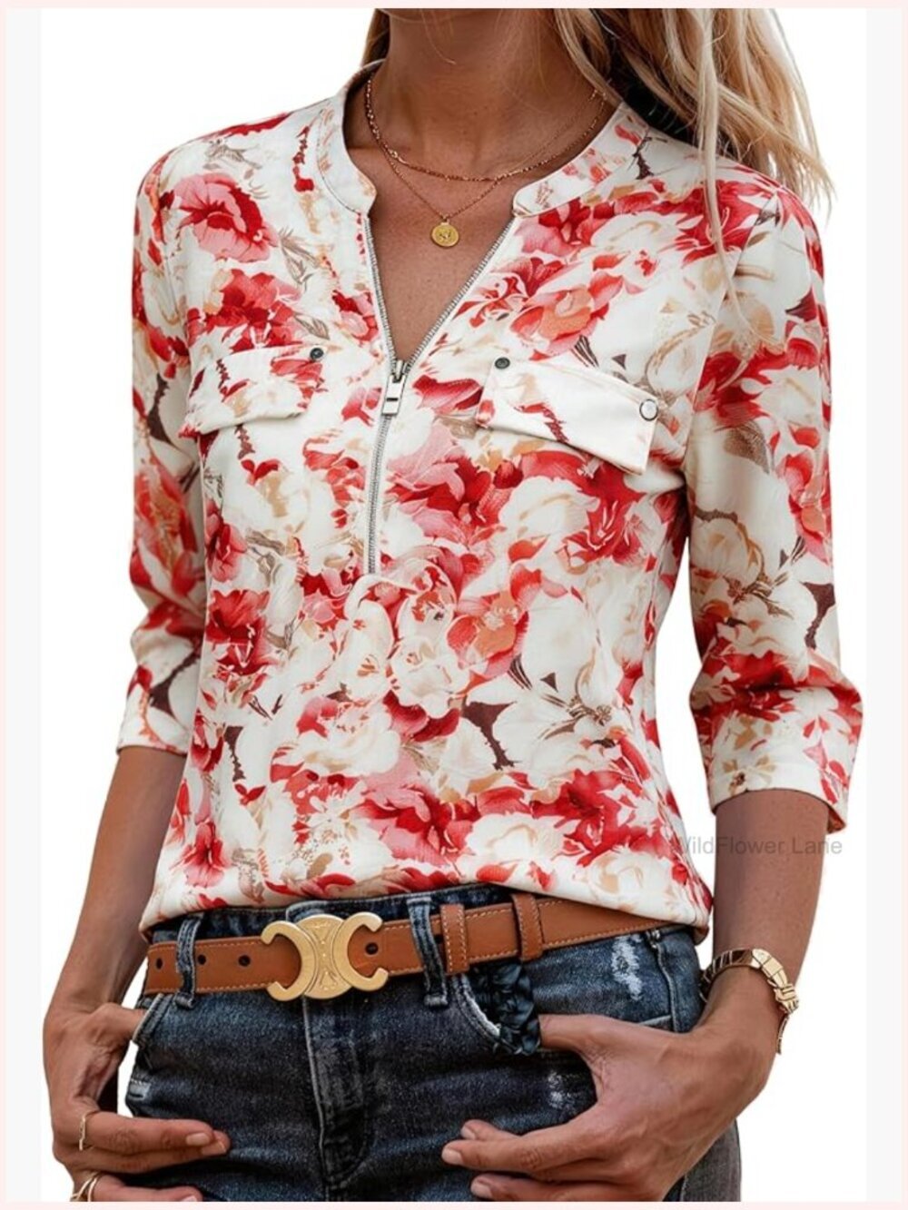 3/4 Sleeve V-Neck Zipper Blouse Tunic Top Plus Size M-3XL